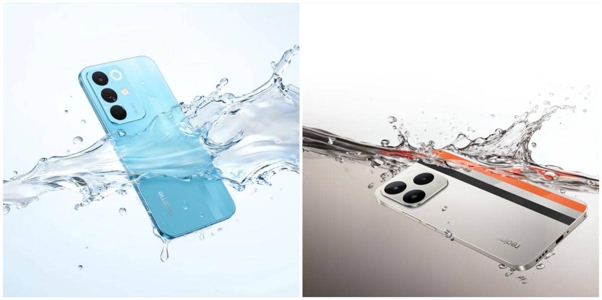 ilustrasi realme Narzo 90x (kiri) dan realme Narzo 90 (kanan) yang punya proteksi air