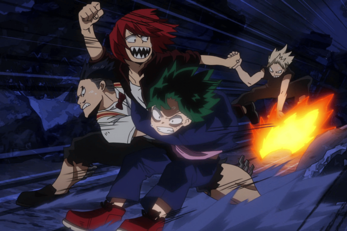 Deku, Ida, dan Kirishima menyelamatkan Bakugo.