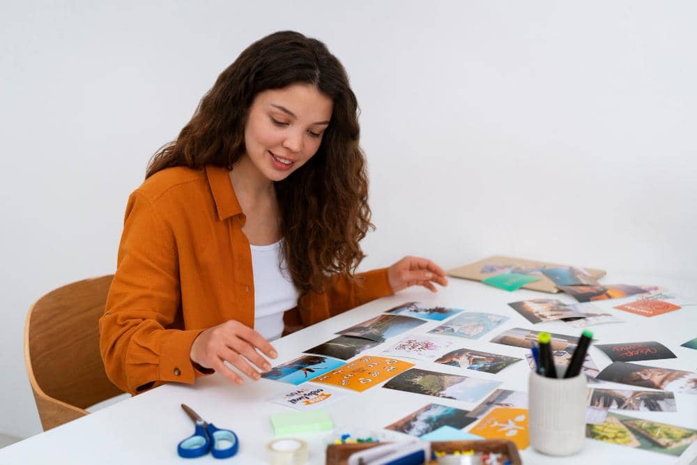 ilustrasi perempuan membuat kolase foto