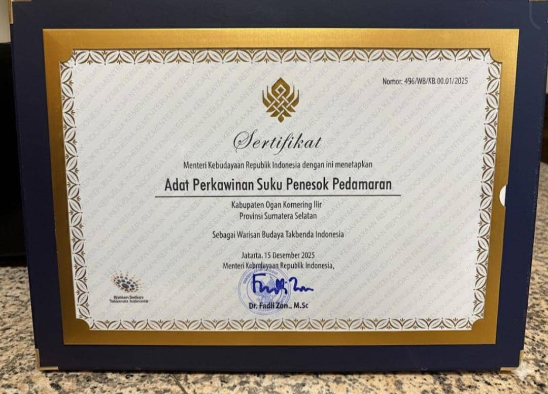 Sertifikat WBTB untuk adat perkawinan Suku Penesok Pedamaran.