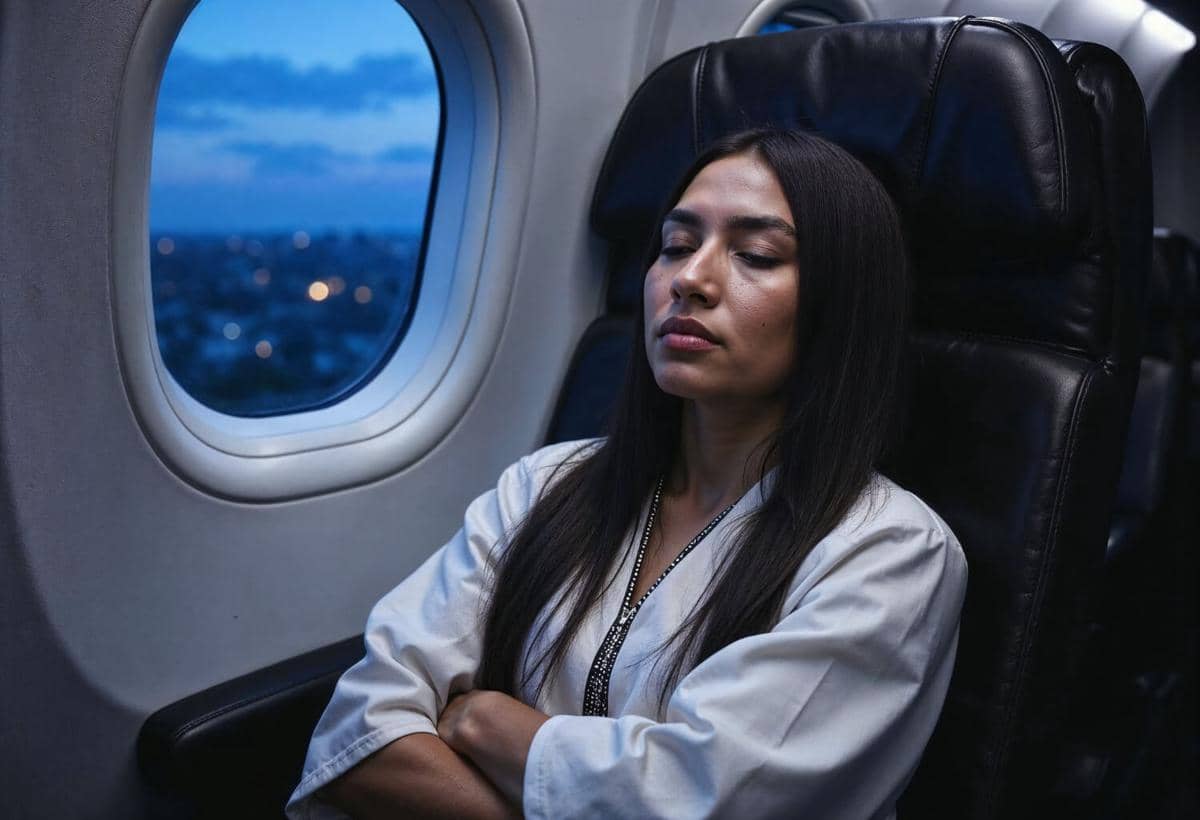 Seorang penumpang tidur di pesawat.