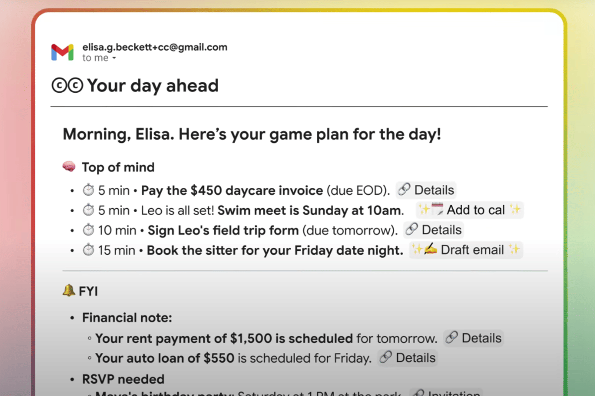tampilan email harian yang dikirim Google CC 