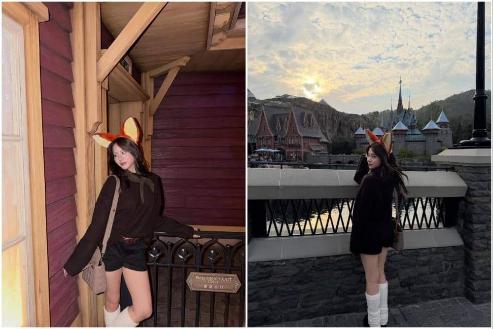 Azizi Asadel liburan ke Disneyland Hong Kong.