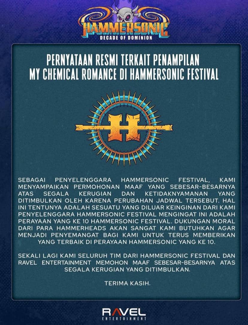 My Chemical Romance batal tampil di Hammersonic Festival
