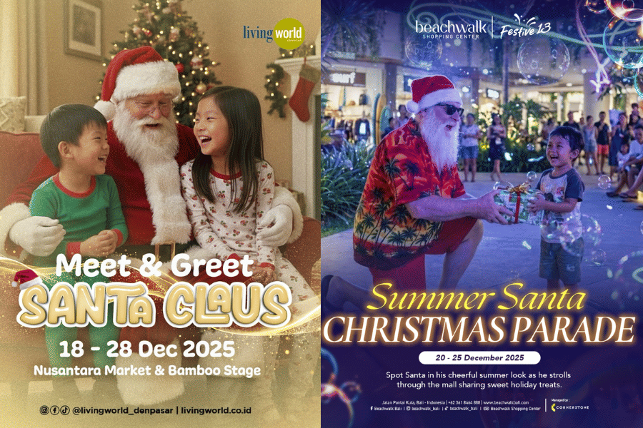 Poster acara Meet and Greet Santa Claus di Living World Denpasar dan Summer Santa Christmas Parade di Beachwalk Shopping Center 