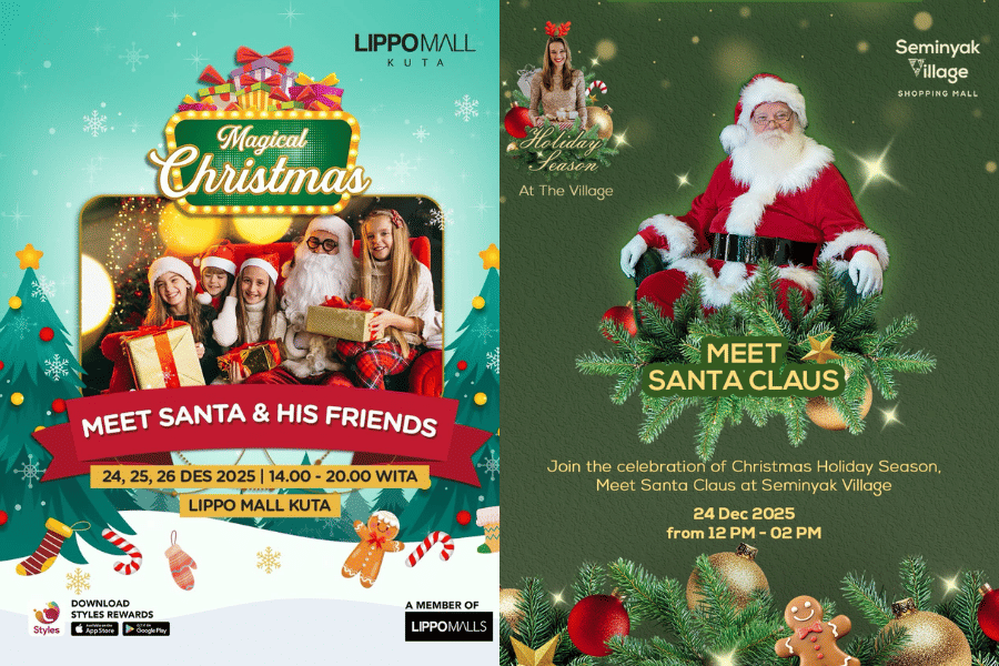 Poster acara Meet Santa and His Friends di Lippo Mall Kuta dan Meet Santa Claus di Seminyak Village