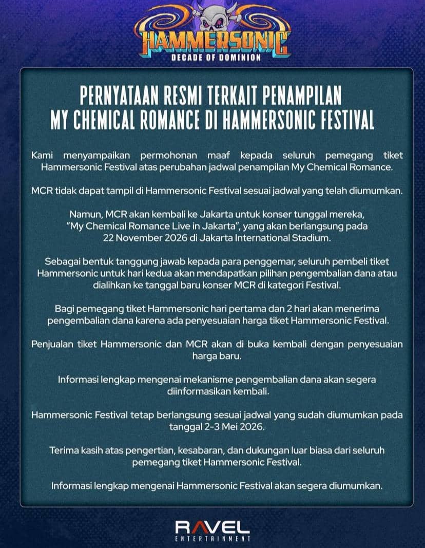 My Chemical Romance batal tampil di Hammersonic Festival