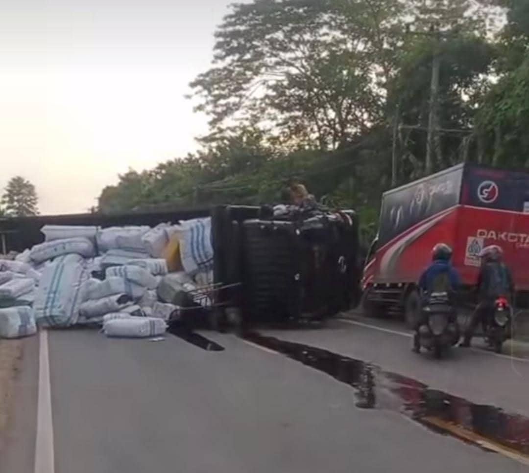 Kondisi truk ekspedisi yang terbalik di Jalintim Desa Peninggalan.