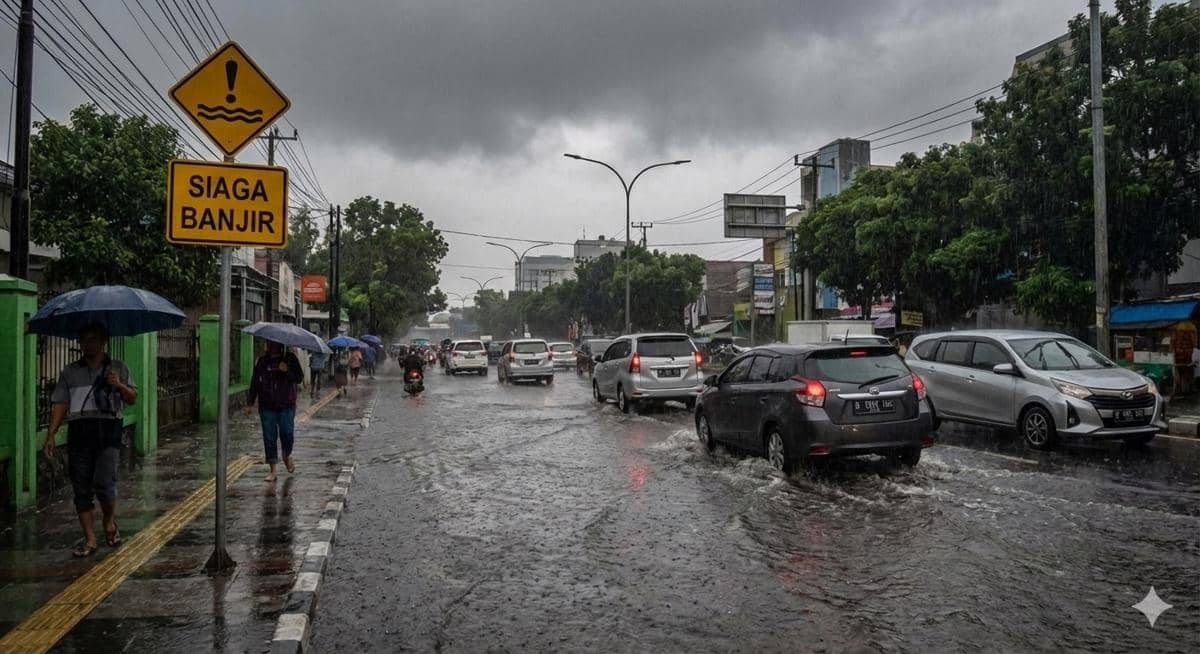 Suasana jalan raya di Indonesia yang tergenang air akibat hujan deras