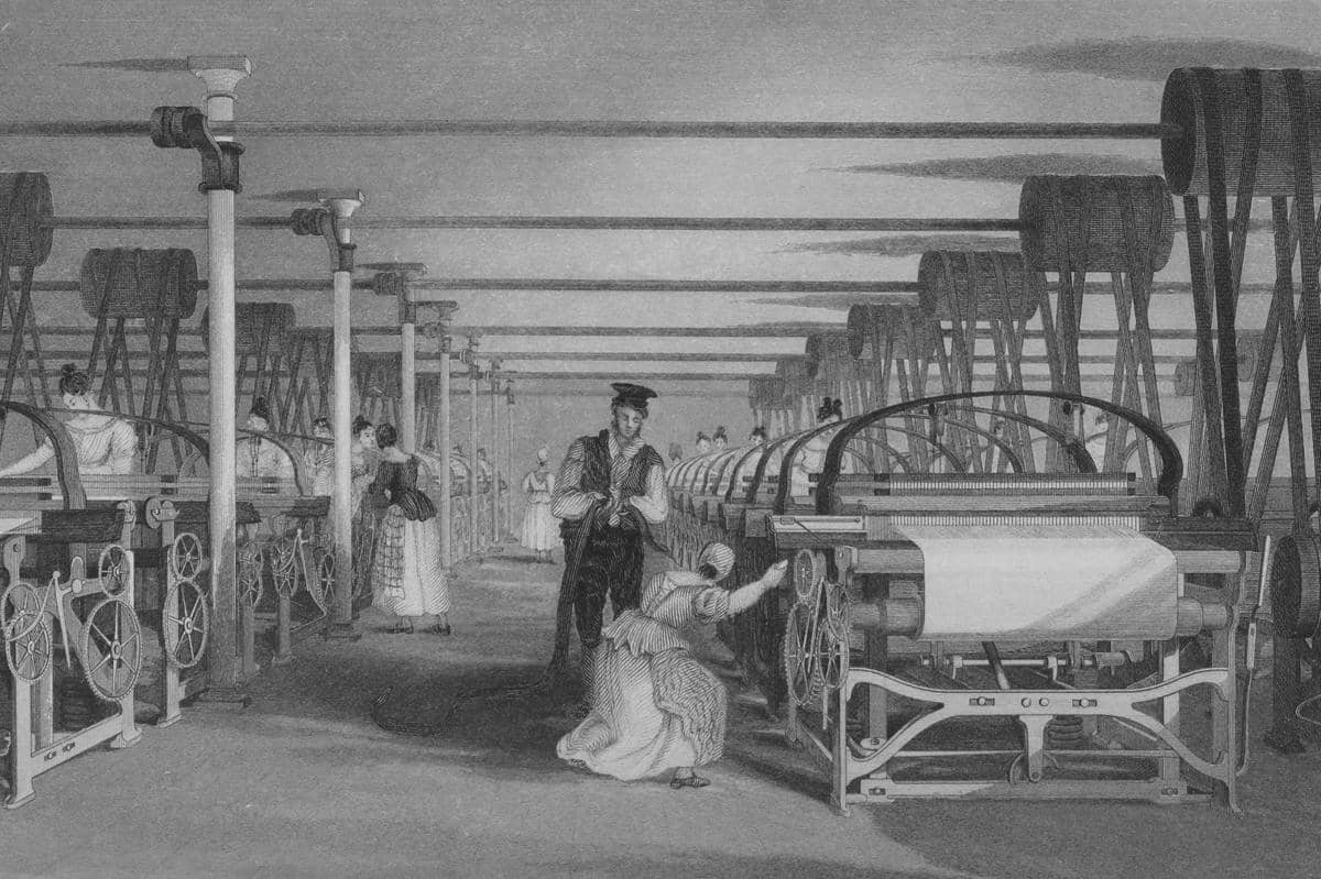 Ilustrasi suasana pabrik kapas di Manchester, Inggris, dengan mesin power loom pada tahun 1835 