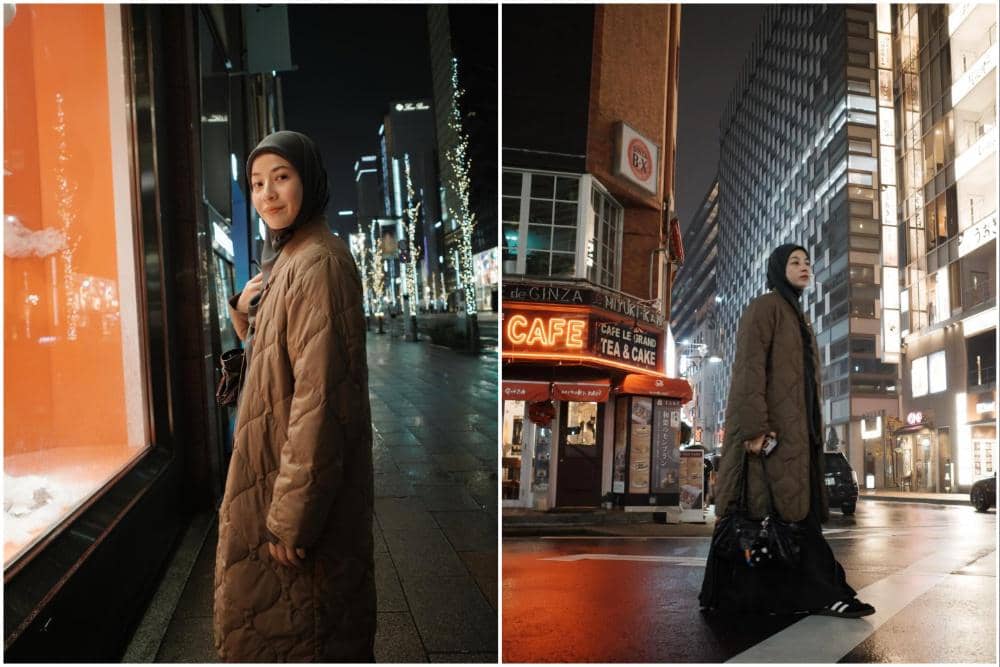 Photoshoot Natasha Rizky dengan suasana malam Tokyo.