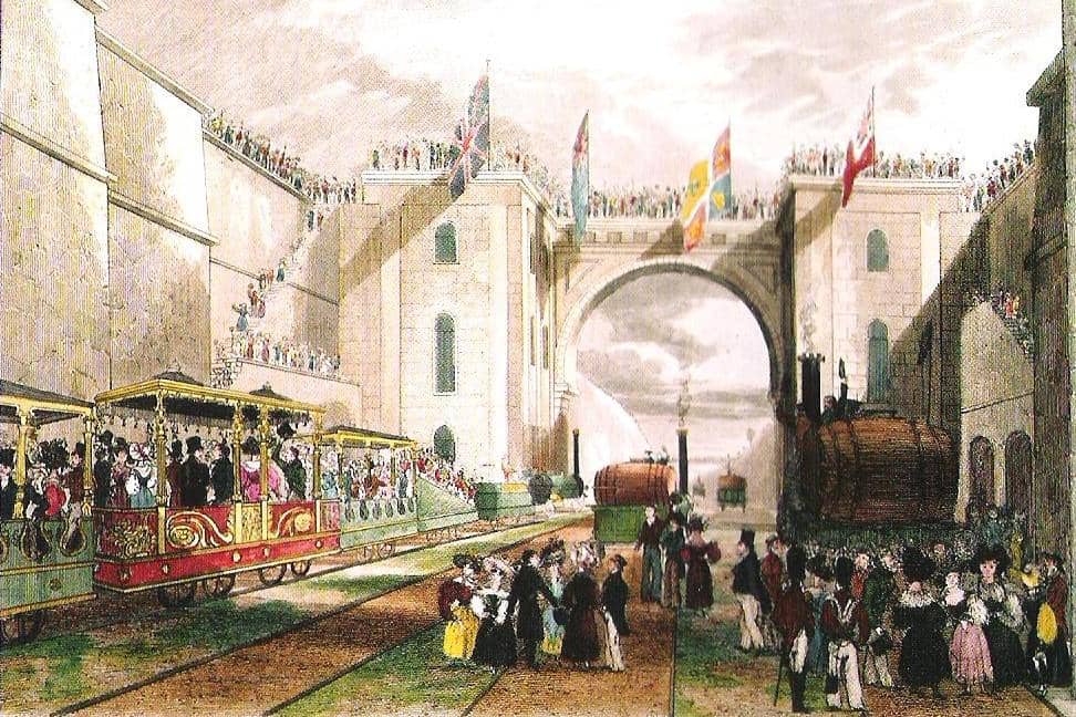 Ilustrasi pembukaan Liverpool and Manchester Railway tahun 1830
