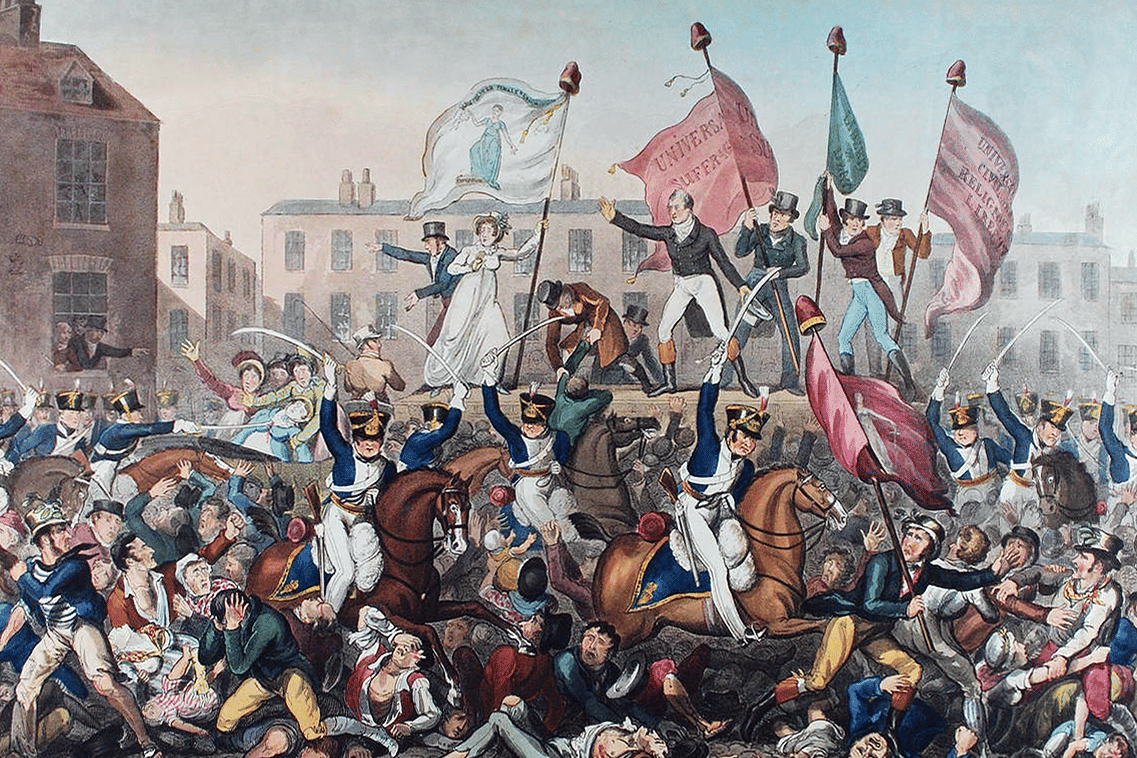 Ilustrasi Peterloo Massacre 1819 menggambarkan kekerasan terhadap demonstran di St Peter’s Field, Manchester 