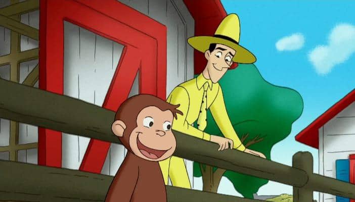 Pria Bertopi Kuning dan George dalam kartun Curious George