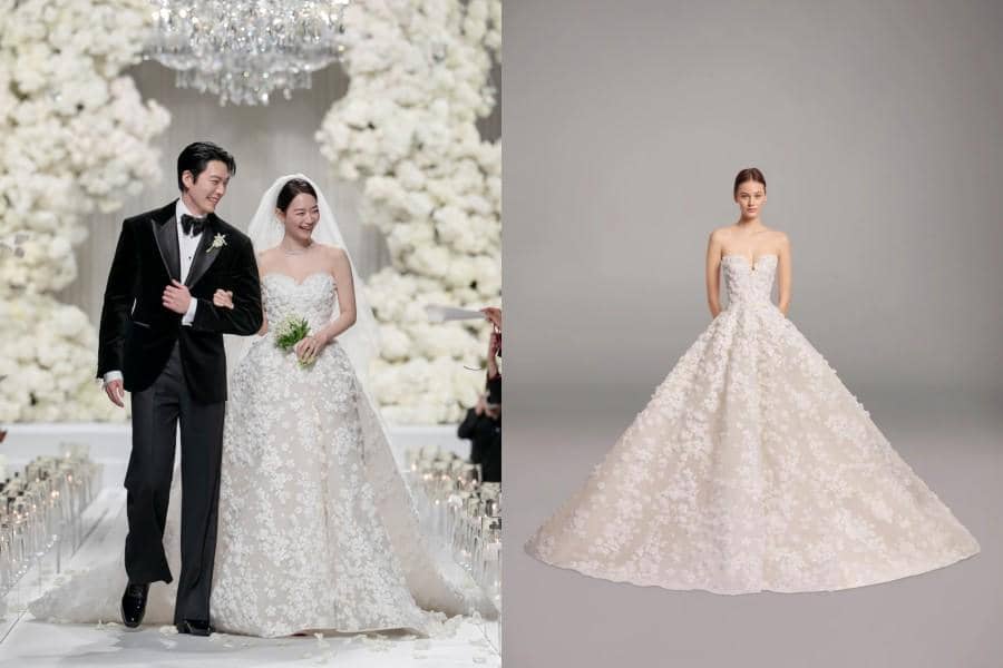 potret pernikahan Kim Woo Bin dan Shin Min Ah dan dress Elie Saab (dok. AM Entertainment | dok. Elie Saab)