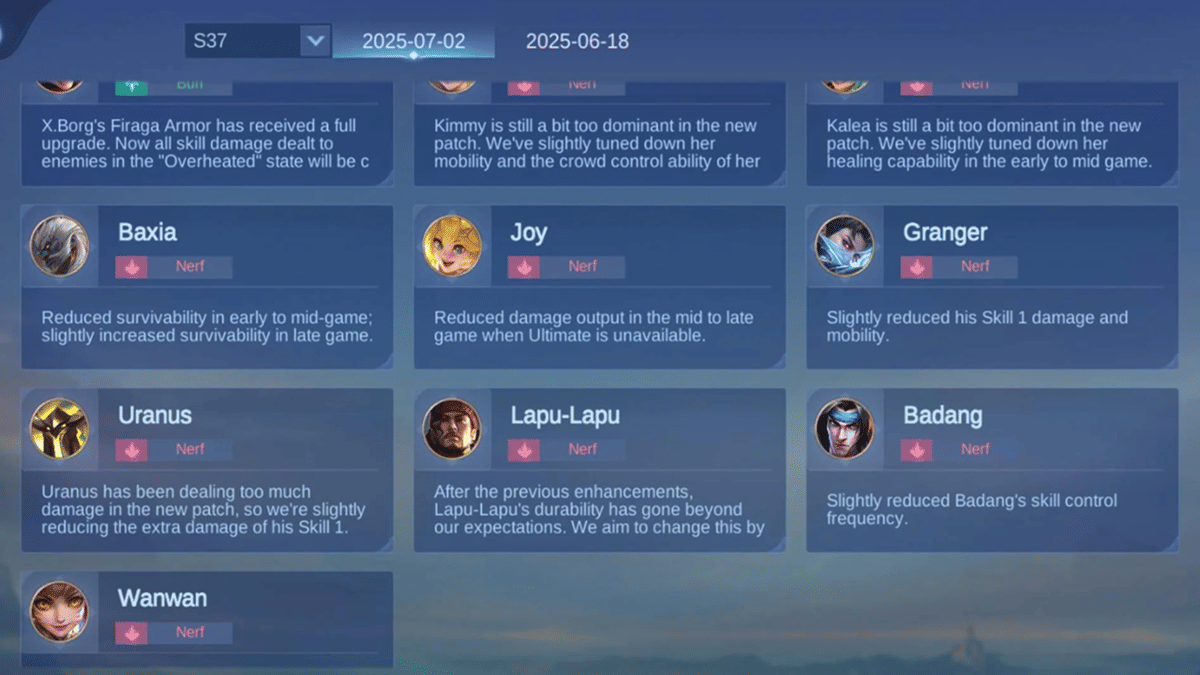 pembaharuan buff dan nerf yang mempengaruhi META