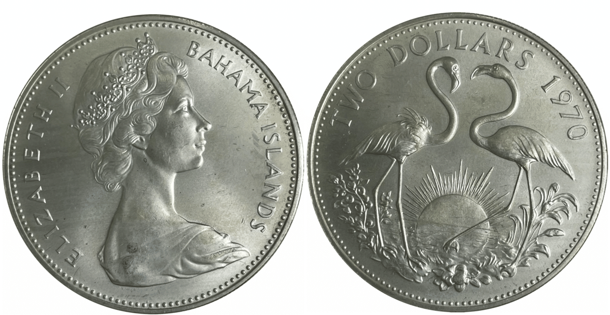 Koin 2 Dolar Bahama tahun 1970. Bagian depan menampilkan potret Ratu Elizabeth II menghadap ke kanan, dengan tulisan "ELIZABETH II" dan "BAHAMA ISLANDS" di sekelilingnya, sementara bagian belakang menampilkan gambar dua flamingo (burung nasional Bahama) saling berhadapan, dengan latar belakang matah