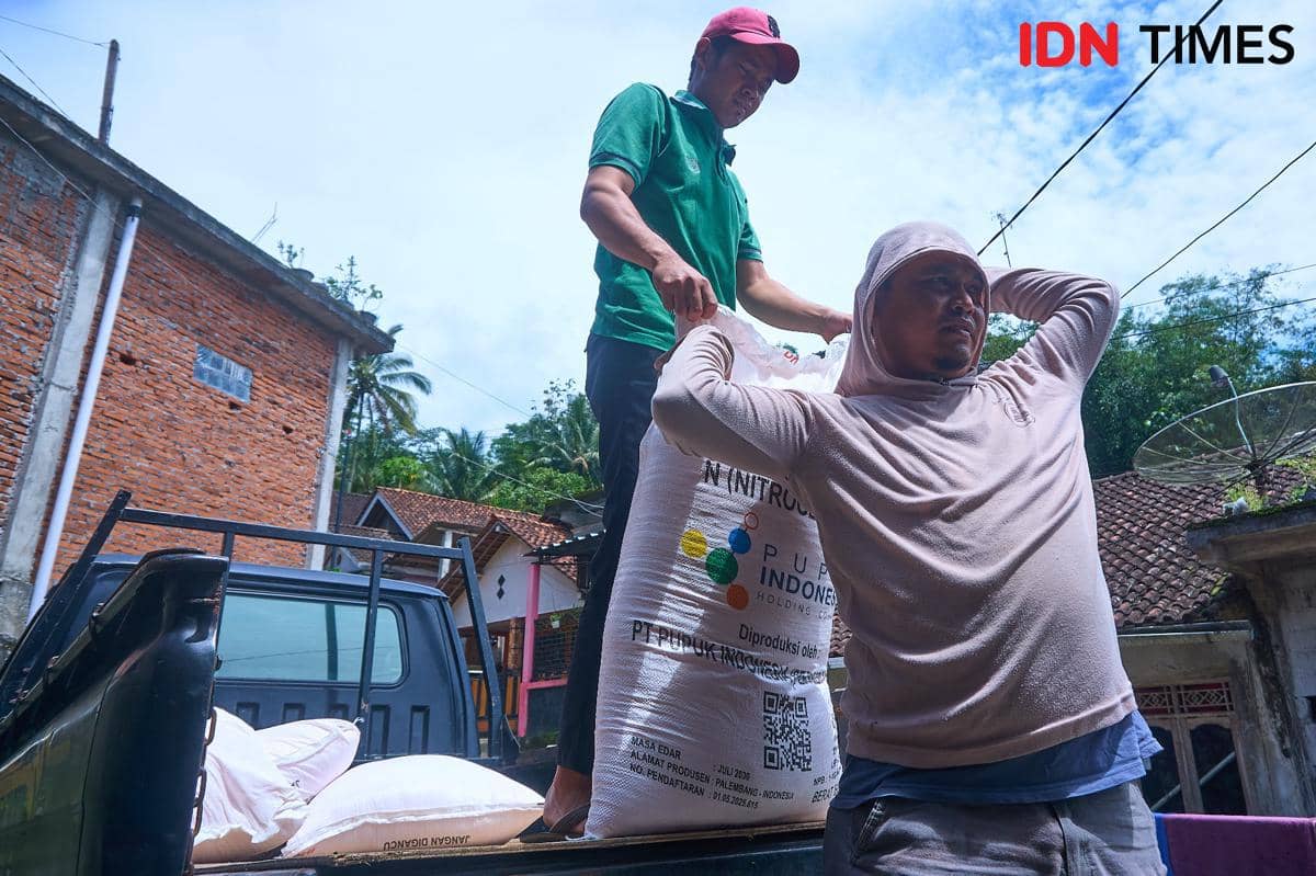 Petugas kios Penerima Pupuk pada Titik Serah (PPTS) UD Jambul, Fakhur Arif (kanan) bersama Bendahara Kelompok Tani Maju Mulyo, Muhammad Amanullah (kiri) menurunkan karung pupuk bersubsidi untuk petani Desa Purwosari, Secang, Magelang, Senin (22/12/2025). (IDN Times/Dhana Kencana)