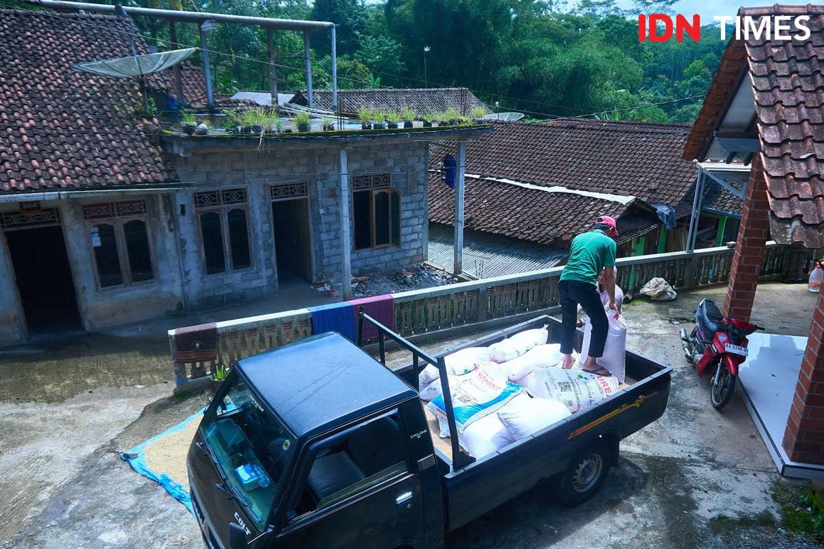 Petugas kios Penerima Pupuk pada Titik Serah (PPTS) UD Jambul, Fakhur Arif (kanan) bersama Bendahara Kelompok Tani Maju Mulyo, Muhammad Amanullah (kiri) menurunkan karung pupuk bersubsidi untuk petani Desa Purwosari, Secang, Magelang, Senin (22/12/2025). (IDN Times/Dhana Kencana)