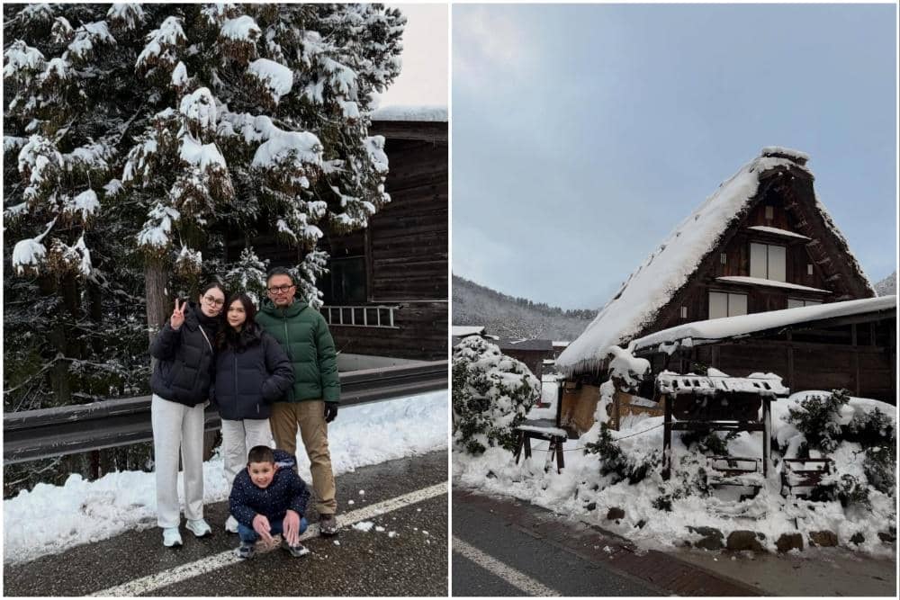 Keluarga Jennifer Dunn jalan-jalan di Desa Shirakawa Go.