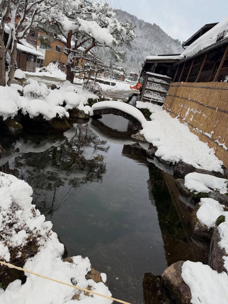 Keluarga Jennifer Dunn jalan-jalan di Desa Shirakawa Go.