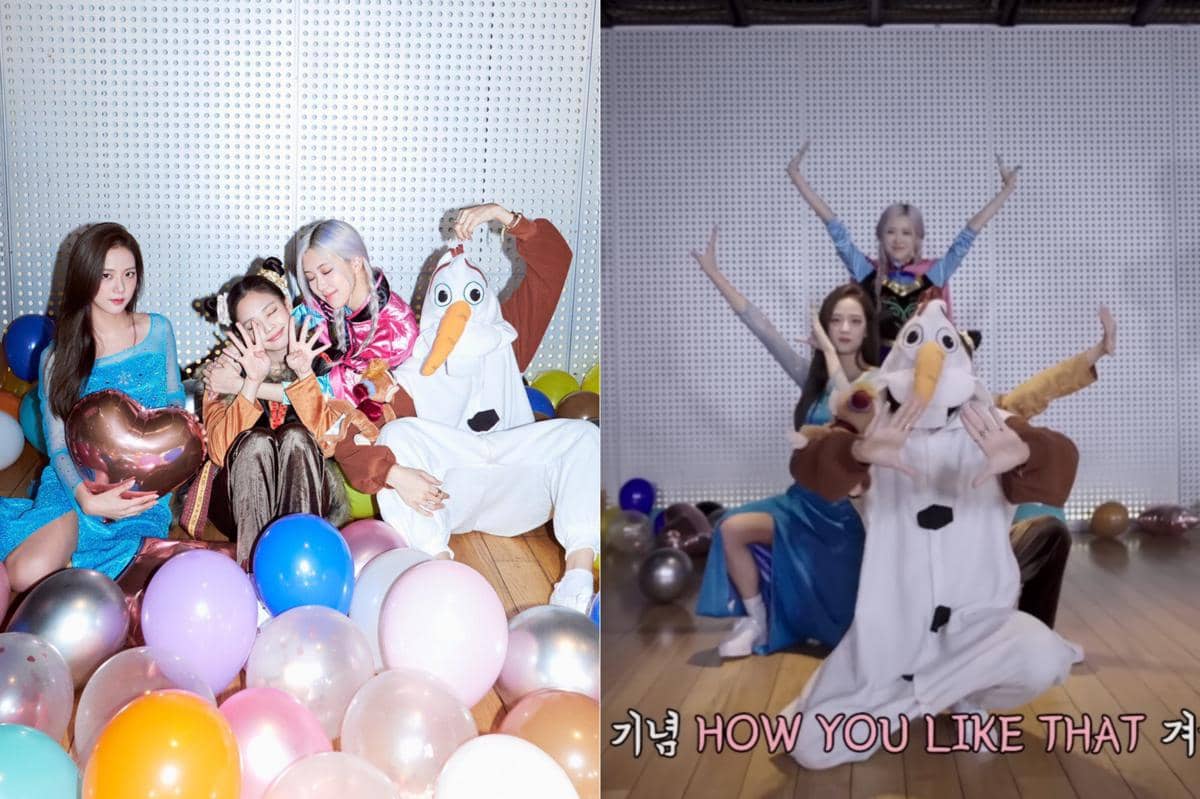 penampilan member BLACKPINK mengenakan kostum Ratu Elsa, Putri Anna, Olaf, serta Kristoff dari film FROZEN