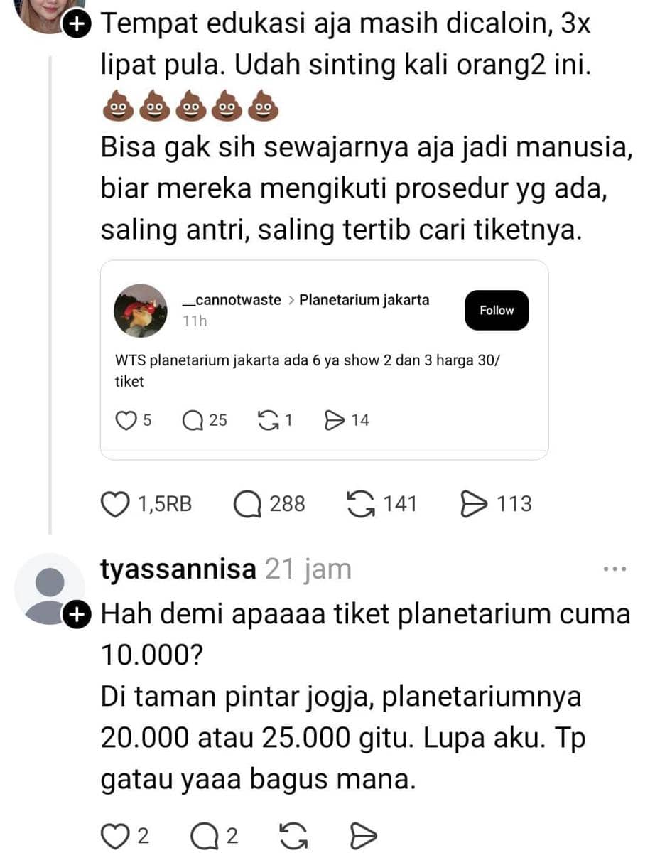 Tangkapan layar keluhan warganet calo tiket Planetarium/thread***