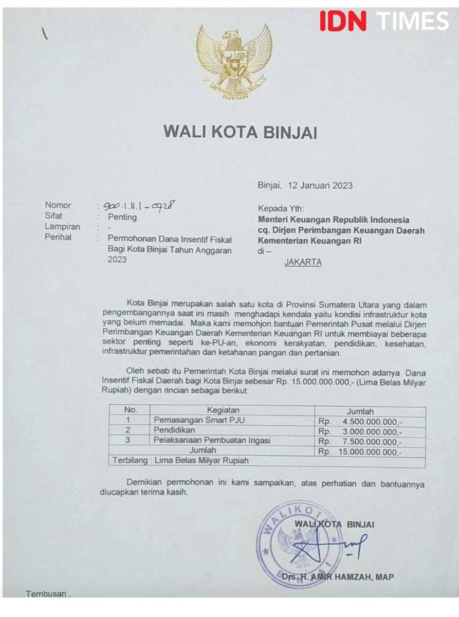 Dokumen surat pengajuan awal dana insentif fiskal yang diduga ditandatangani walikota binjai (IDN Times/ Bambang Suhandoko)