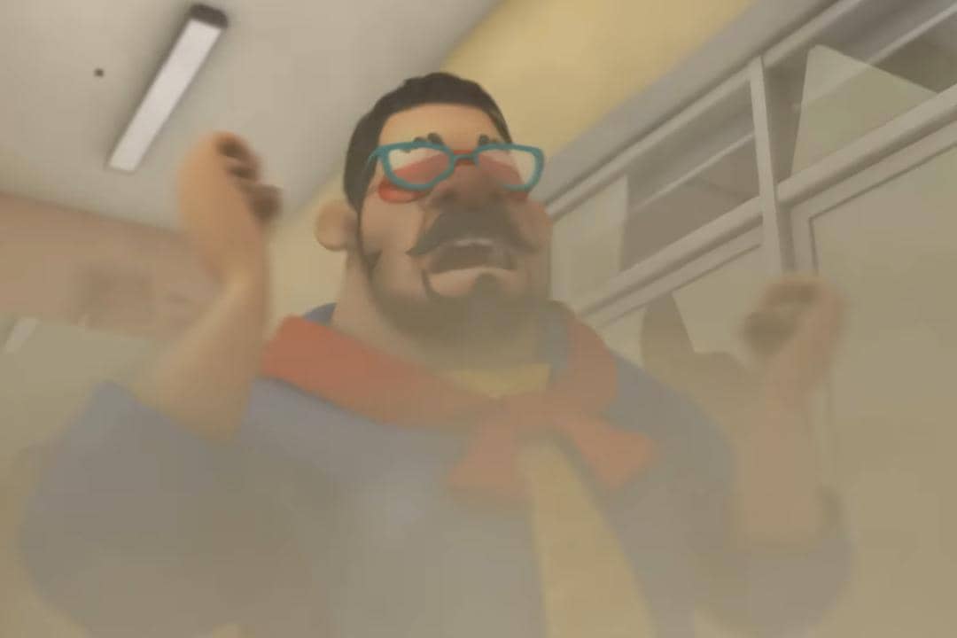 Papa Zola berteriak ketakutan dengan suara melengking serta gestur feminin saat dirinya hampir tertimpa reruntuhan