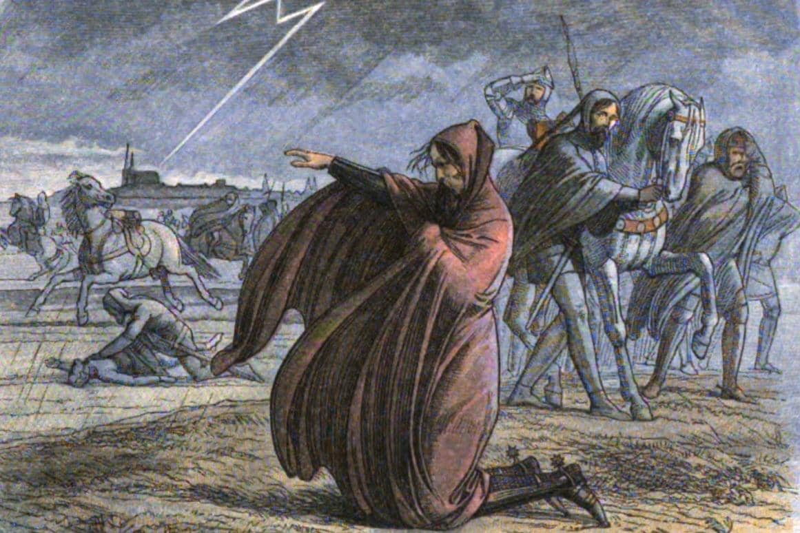 Ilustrasi Raja Edward III bersama pasukannya terjebak dalam badai di padang Sours, yang menghancurkan perkemahan mereka, memohon ampunan kepada Tuhan dan mempertimbangkan perdamaian.