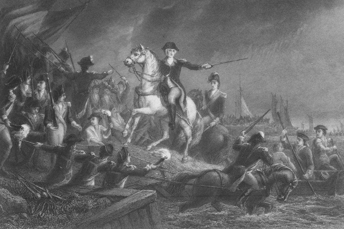 Ilustrasi yang menggambarkan George Washington memerintahkan pasukannya untuk melarikan diri dan mundur dalam Pertempuran Long Island. 