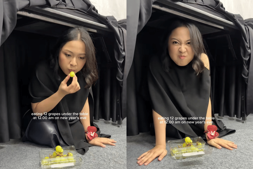 potret Bernadya makan anggur di bawah meja tahun baru