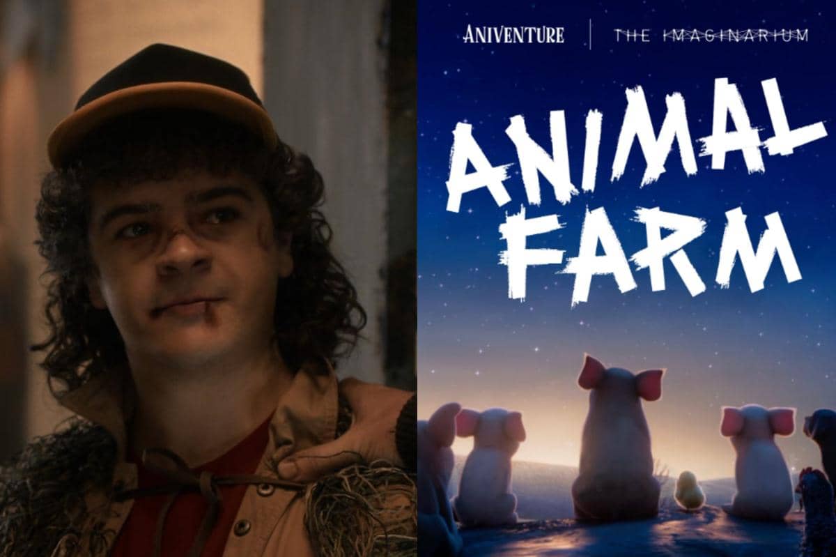 Gaten Matarazzo dalam serial Stranger Things dan poster film Animal Farm