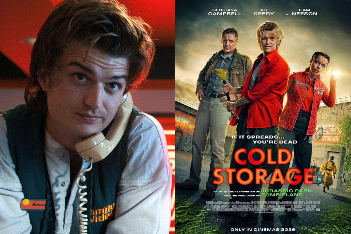Joe Keery dalam serial Stranger Things dan poster film Cold Storage