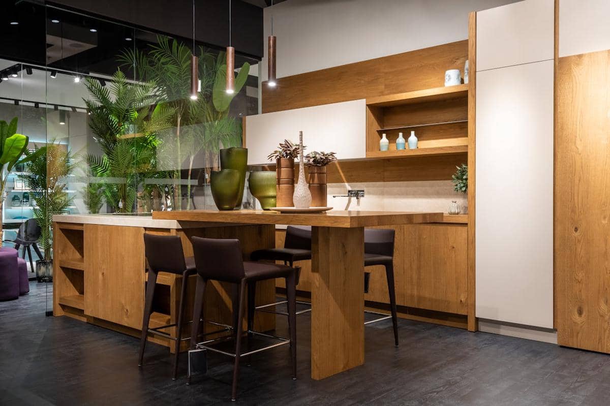 ilustrasi interior dapur dengan aksen kayu