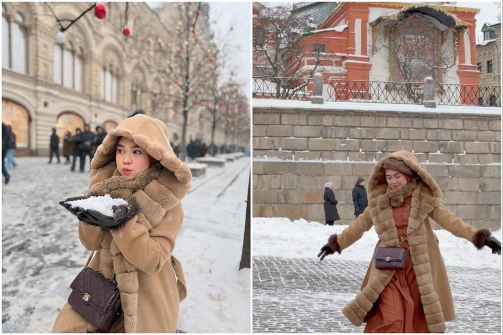Ria Ricis menikmati salju di Moscow.