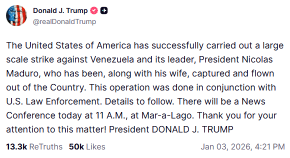 potret unggahan Trumpt di Truth Social pada Sabtu (3/1/2026)