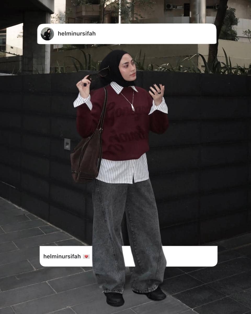 padu padan sweater rajut ala selebgram Helmi Nursifah 