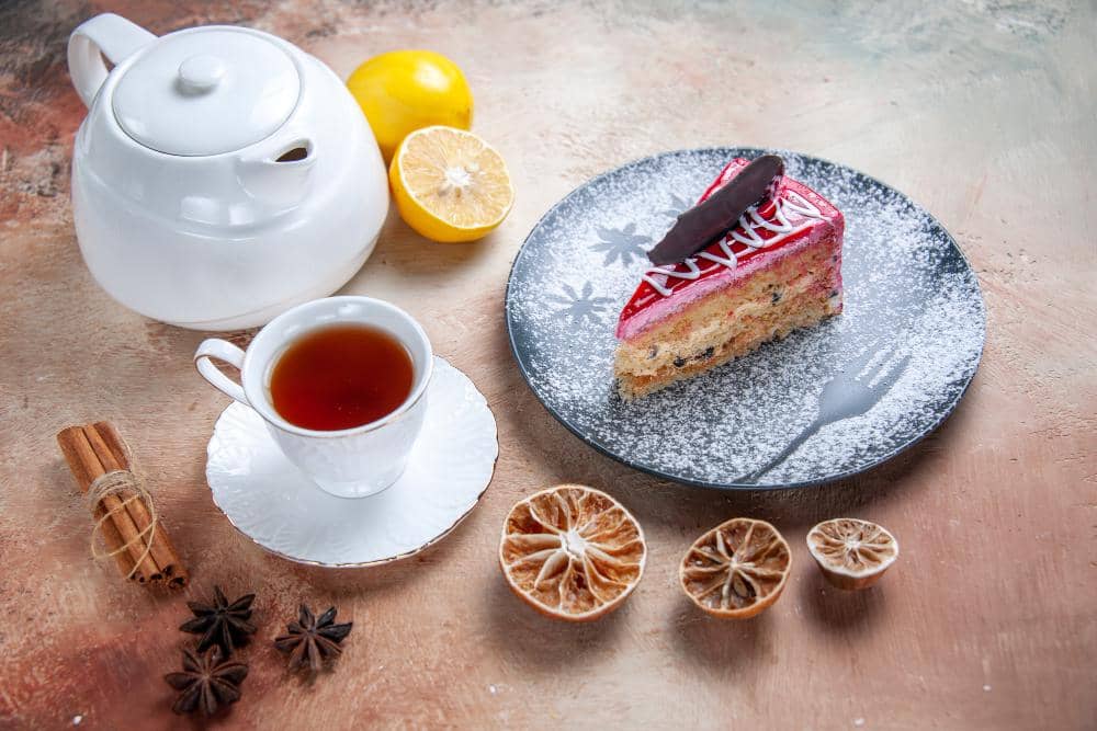 ilustrasi teh hangat dan dessert manis