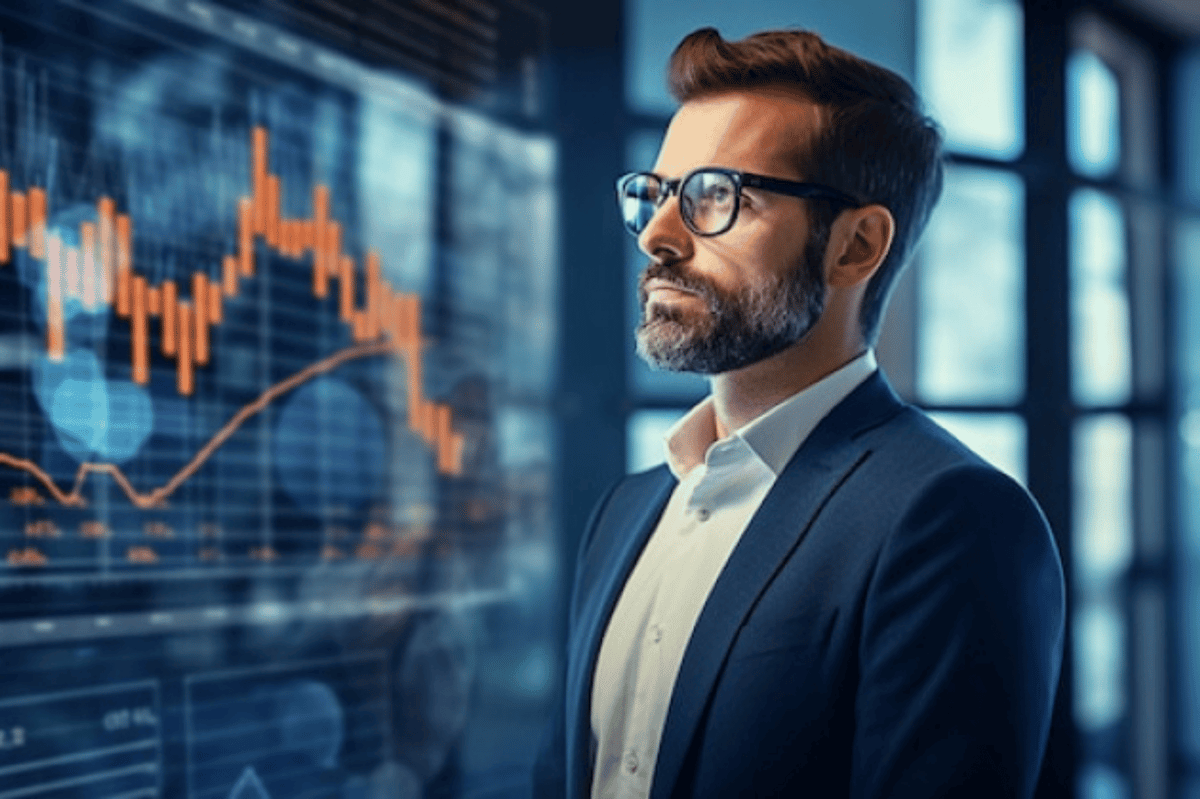 ilustrasi pria memantau pergerakan saham