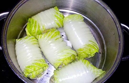 ilustrasi dimsum yang dibalut sawi putih