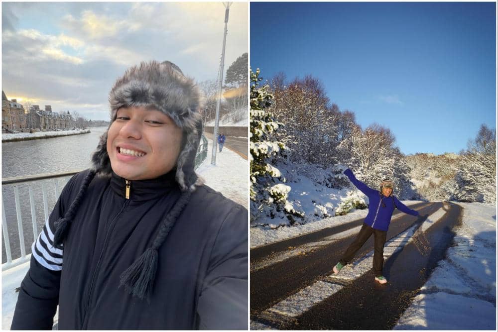 Keanu Agl main salju di Inverness, Skotlandia.