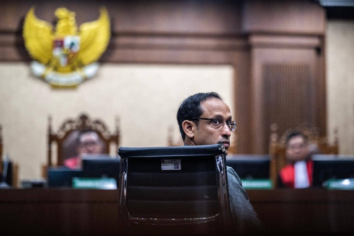 Terdakwa kasus dugaan korupsi dalam digitalisasi pendidikan pengadaan laptop Chromebook Nadiem Makarim mengikuti sidang pembacaan eksepsi di Pengadilan Tipikor, Jakarta, Senin (5/1/2026). (ANTARA FOTO/Bayu Pratama S)
