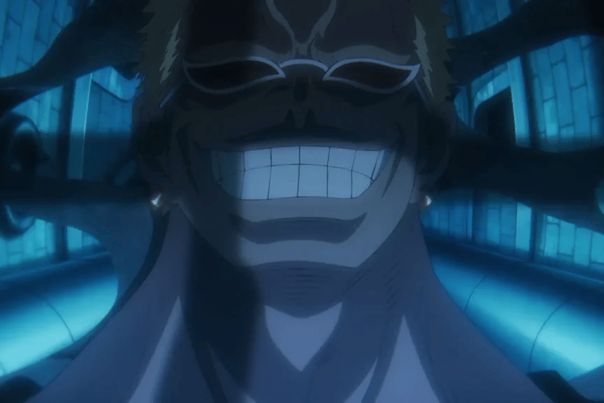 Doflamingo tersenyum setelah mendengar siaran Vegapunk.