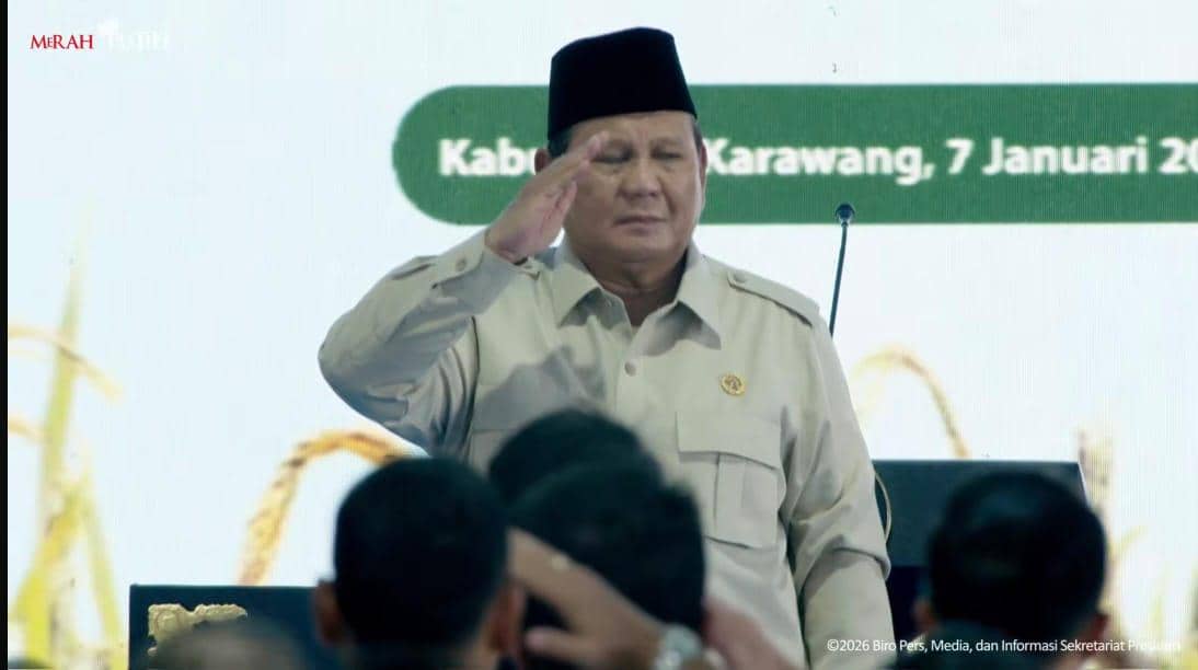 Presiden Prabowo Subianto di acara panen raya dan pengumuman swasembada pangan di Karawang, Rabu (7/1/2026) (Youtube.com/Sekretariat Presiden)