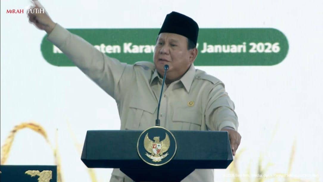 Presiden Prabowo Subianto di acara panen raya dan pengumuman swasembada pangan di Karawang, Rabu (7/1/2026) (Youtube.com/Sekretariat Presiden)