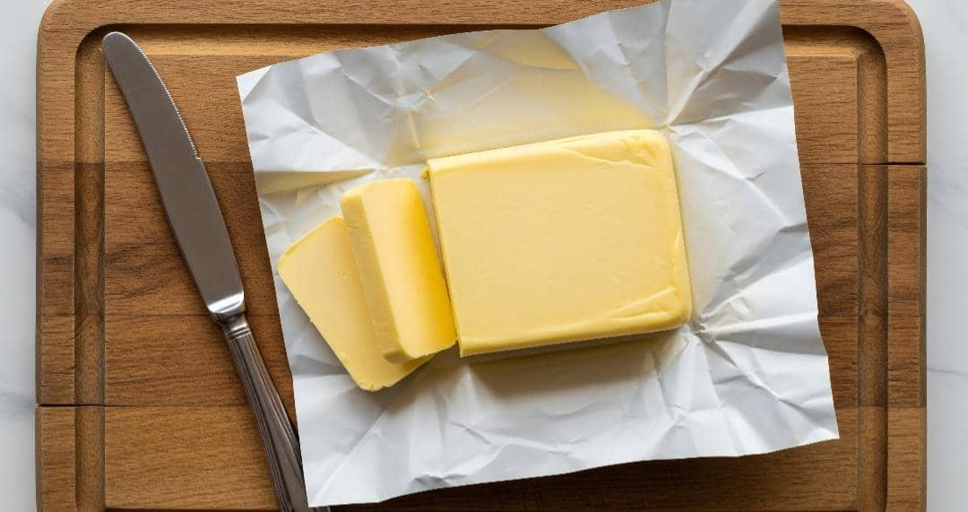 Sejumlah potong mentega tawar berwarna kuning pucat tersusun di atas piring putih, dengan satu potong di latar belakang.