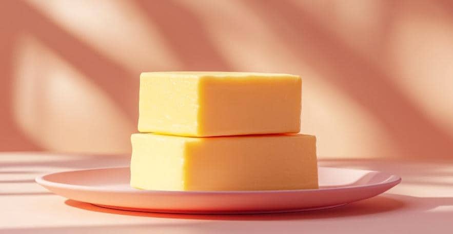 Mentega berwarna kuning dalam wadah sebagai bahan makanan yang umum digunakan untuk memasak dan membuat kue.