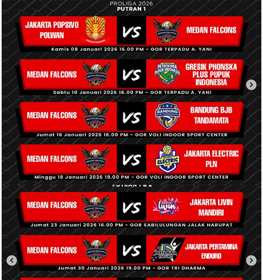 Jadwal Putaran 1 Medan Falcons Putri pada Proliga 2026 (Dok. IG falconsvolleyball.id) 