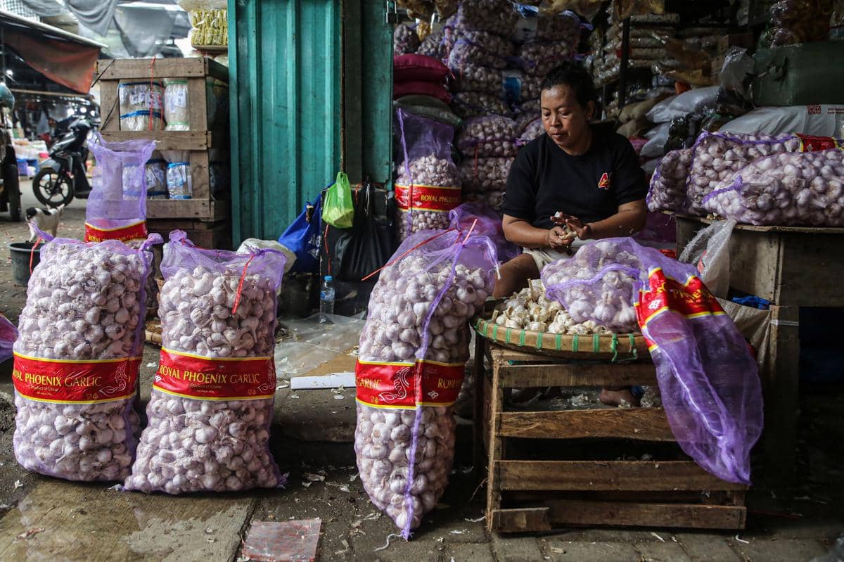 Pedagang memilah bawang putih yang dijual di Pasar MAJT, Semarang, Jawa Tengah, Rabu (7/1/2025). (ANTARA FOTO/Makna Zaezar)